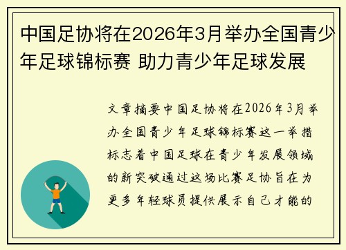 中国足协将在2026年3月举办全国青少年足球锦标赛 助力青少年足球发展 中国足协将在2026年3月举办全国青少年足球锦标赛 助力青少年足球发展